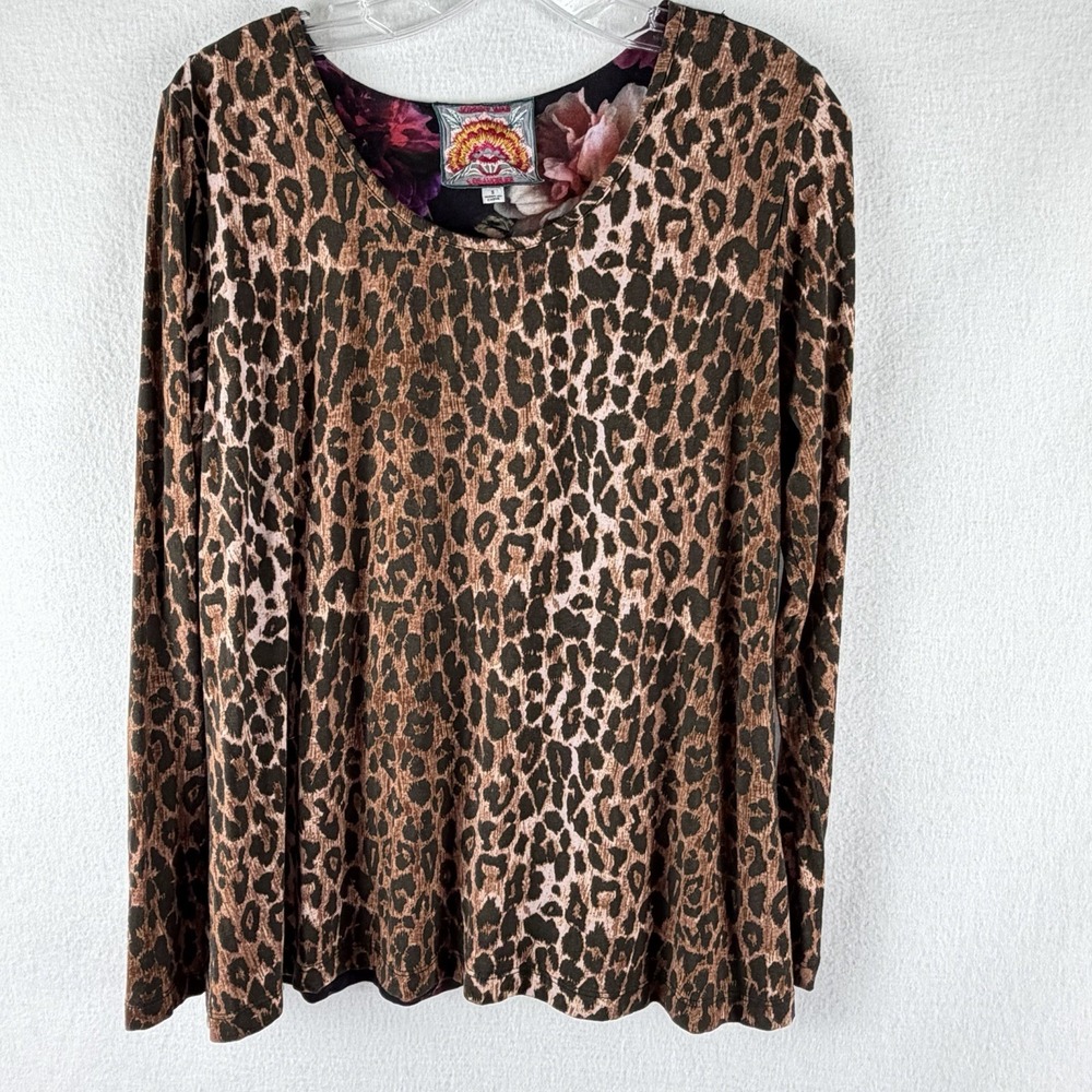 Johnny Was Sz S Leopard Front Floral Back Shirt Long Sleeve Shirt Bamboo Spandex